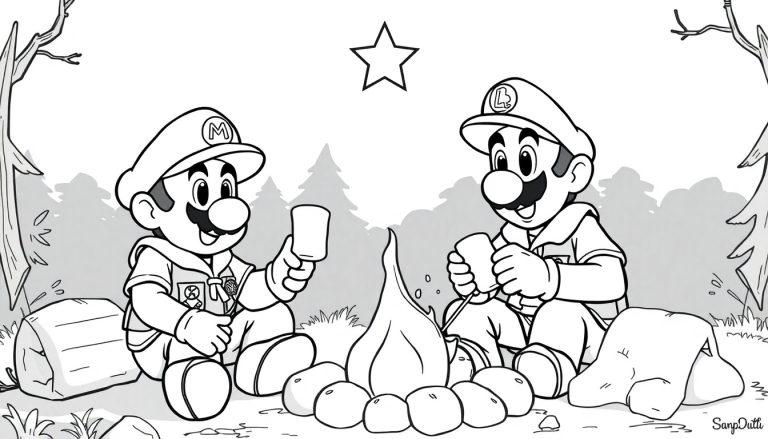 Mario en Luigi kleurplaat op de camping, een ster zweeft in de lucht.