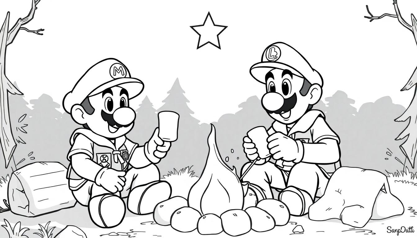 Mario en Luigi kleurplaat op de camping, een ster zweeft in de lucht.
