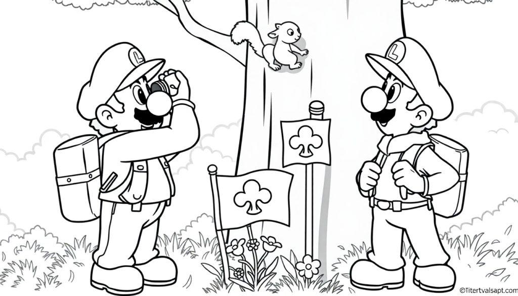 Luigi in het bos kleurplaat, Luigi maakt foto's tijdens het kamperen.