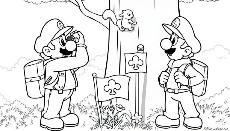 Luigi in het bos kleurplaat, Luigi maakt foto's tijdens het kamperen.