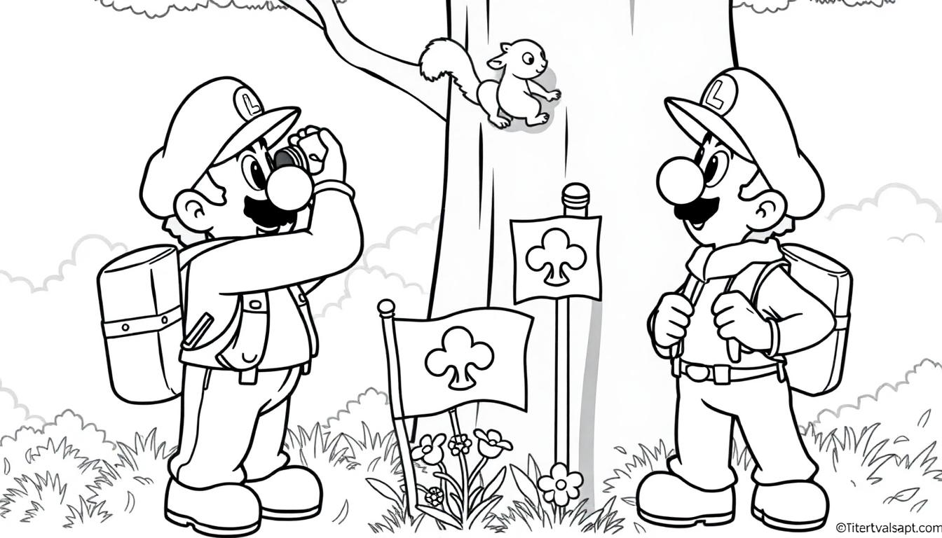 Luigi in het bos kleurplaat, Luigi maakt foto's tijdens het kamperen.