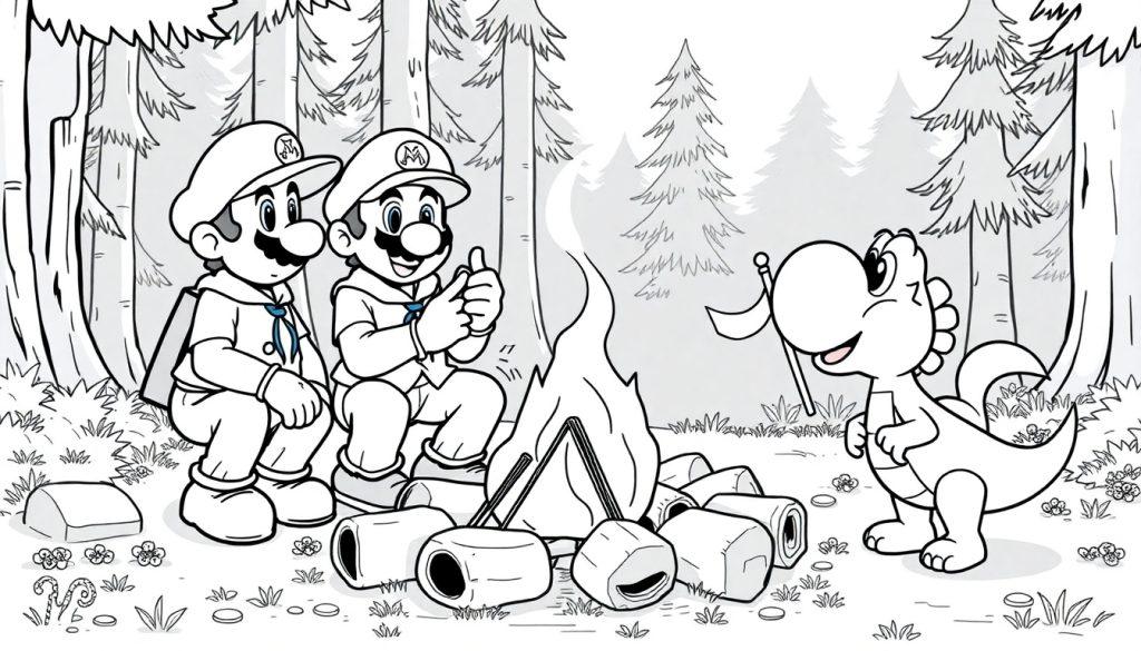 Mario en Luigi kleurplaat op scouting trip met Yoshi bij het kampvuur.