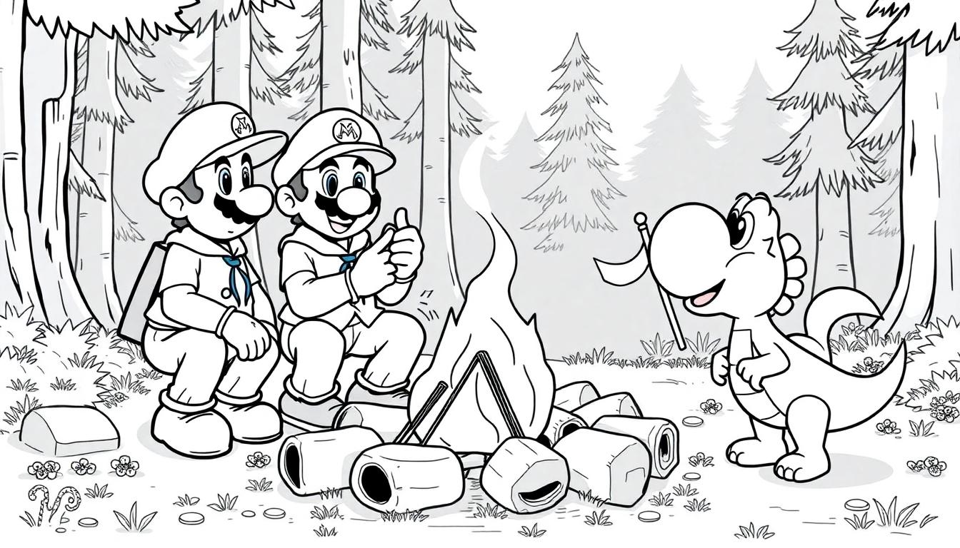 Mario en Luigi kleurplaat op scouting trip met Yoshi bij het kampvuur.