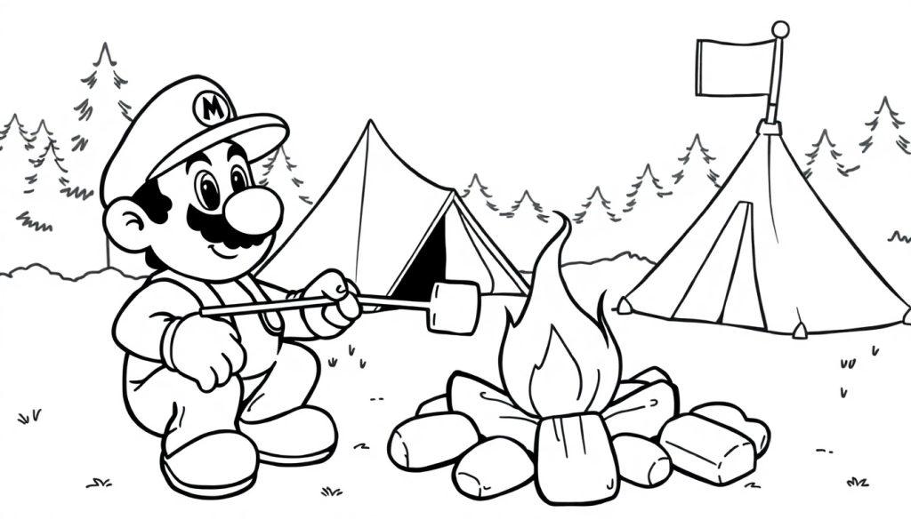 Mario kleurplaat kampeert bij een kampvuur.