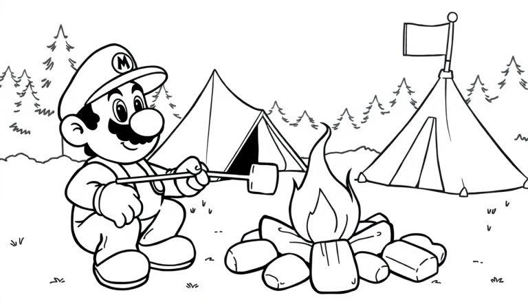 Mario kleurplaat kampeert bij een kampvuur.