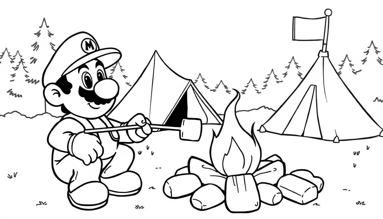 Mario kleurplaat kampeert bij een kampvuur.