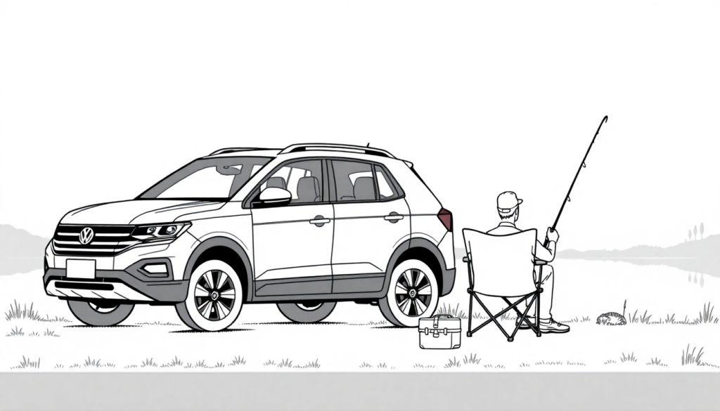 Kleurplaat van een witte Volkswagen T-Cross bij een visvijver.