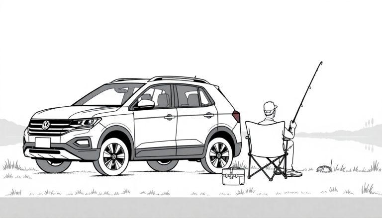 Kleurplaat van een witte Volkswagen T-Cross bij een visvijver.