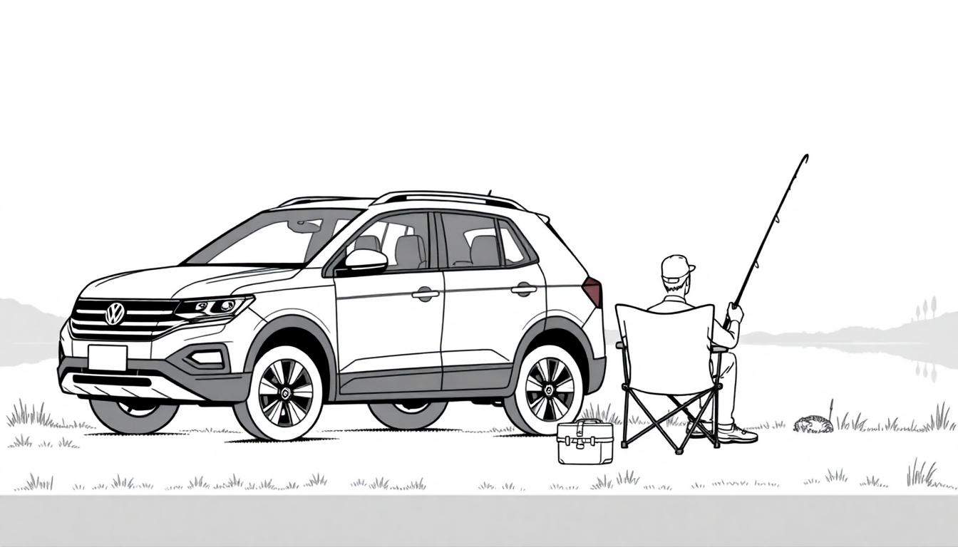 Kleurplaat van een witte Volkswagen T-Cross bij een visvijver.