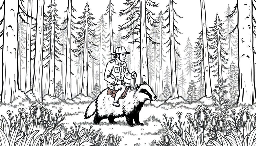 Kleurplaat van boswachter Lysander op een das in het Drents-Friese Wold.