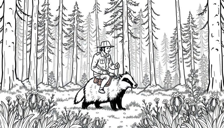 Kleurplaat van boswachter Lysander op een das in het Drents-Friese Wold.