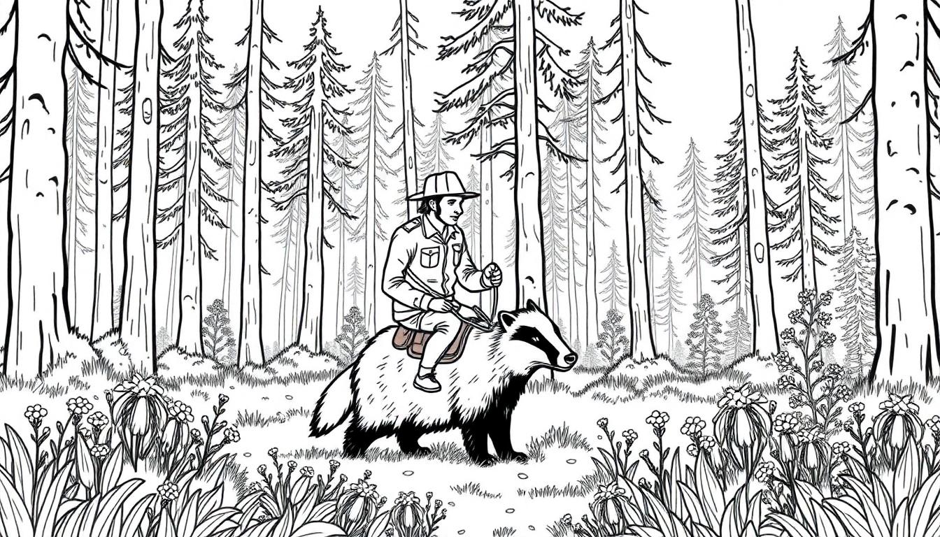 Kleurplaat van boswachter Lysander op een das in het Drents-Friese Wold.