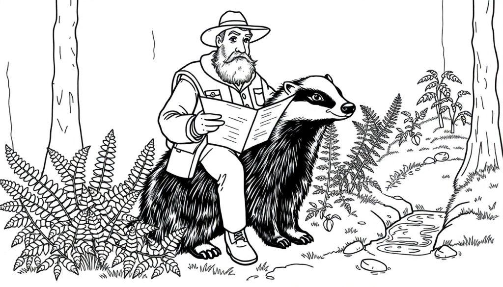 Kleurplaat van boswachter Lysander op een das