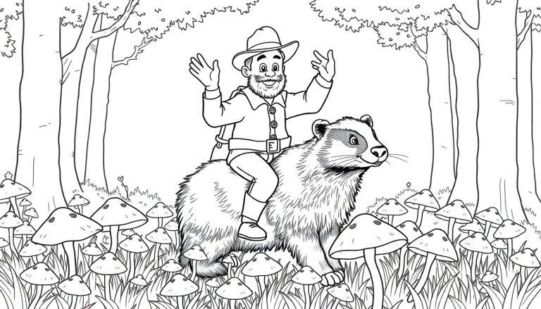 Kleurplaat van boswachter Lysander op een das in het bos met paddestoelen.