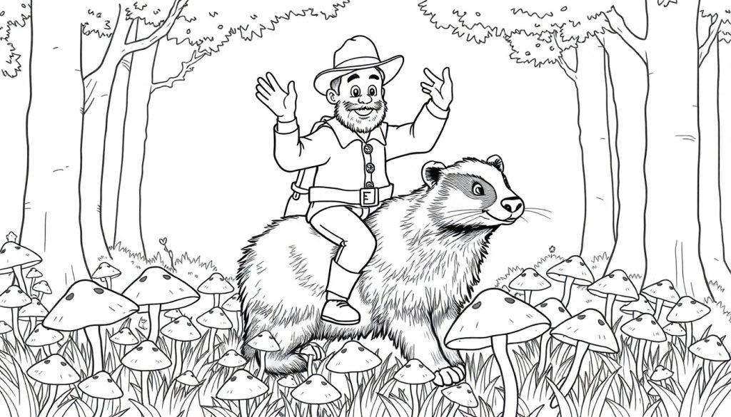 Kleurplaat van boswachter Lysander op een das in het bos.