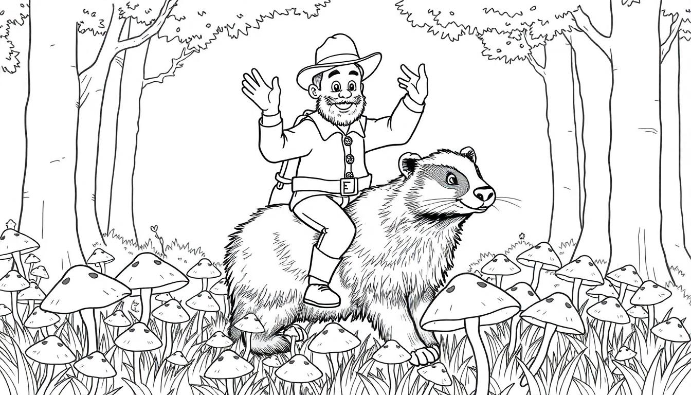 Kleurplaat van boswachter Lysander op een das in het bos.