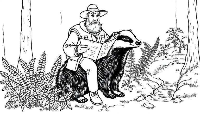 Kleurplaat van boswachter Lysander op een das in het bos.