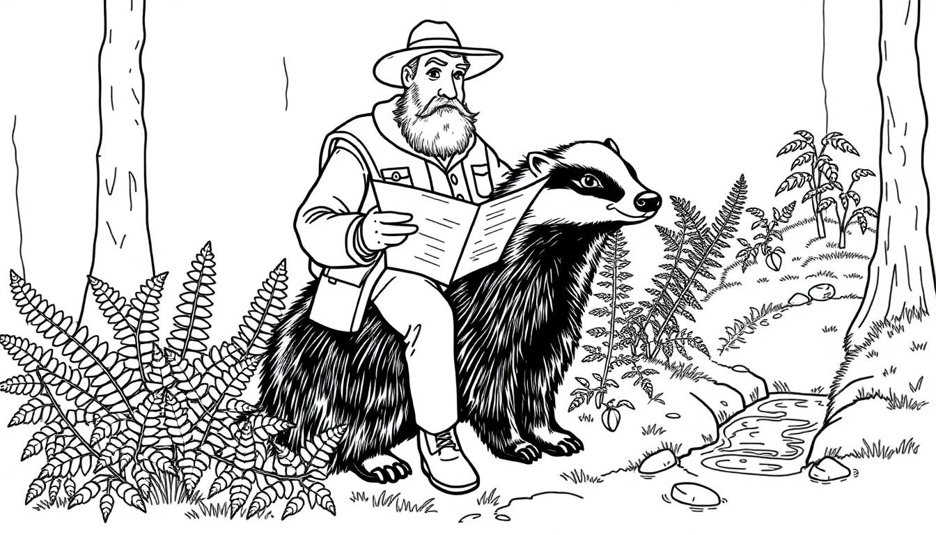 Kleurplaat van boswachter Lysander op een das in het bos.