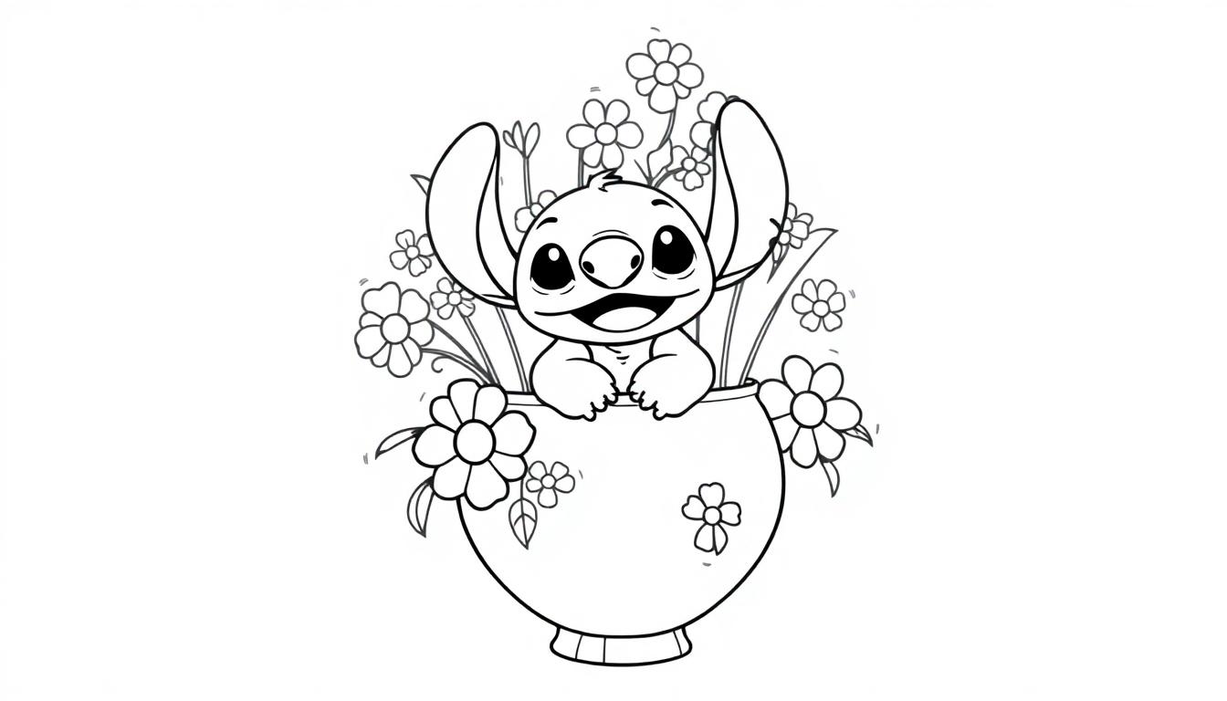 Stitch in een bloemenvaas kleurplaat.