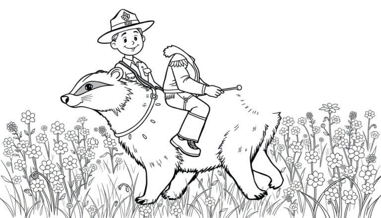 Kleurplaat van een scout die op een das rijdt.