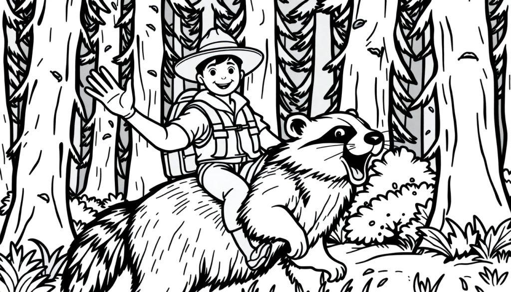 Kleurplaat van een boswachter op een das in het bos.