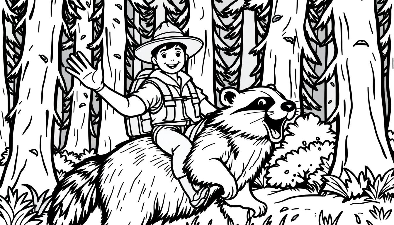 Kleurplaat van een boswachter op een das in het bos.