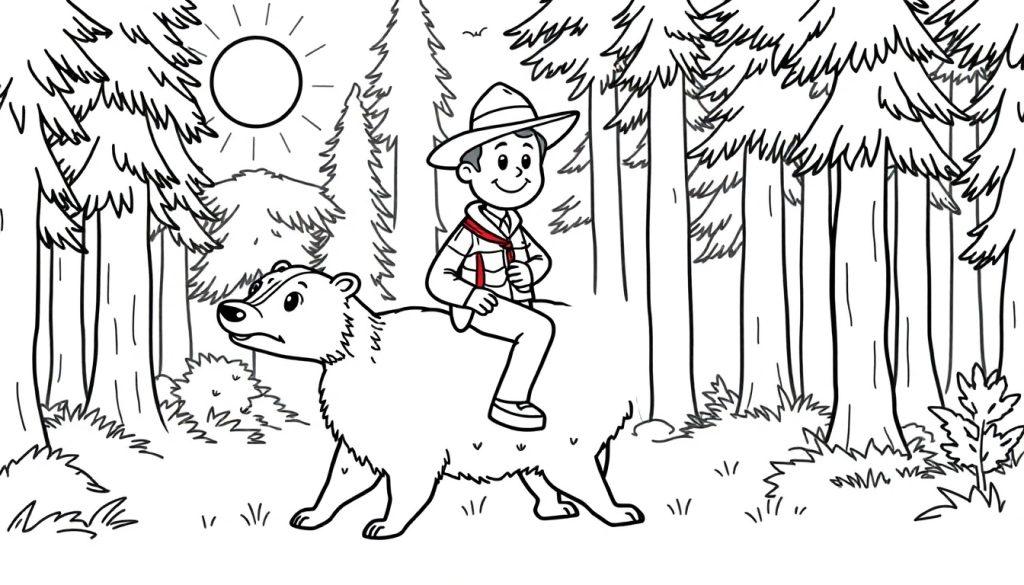 Kleurplaat van een boswachter op een das in het bos.