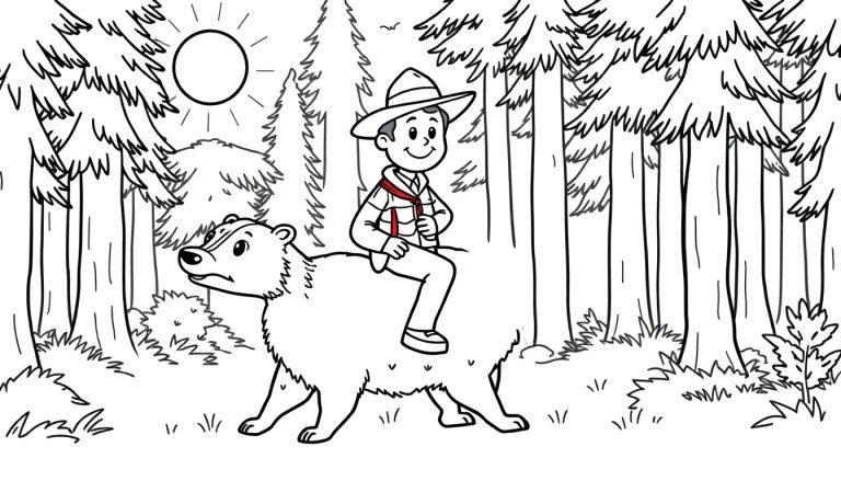 Kleurplaat van een boswachter op een das in het bos.