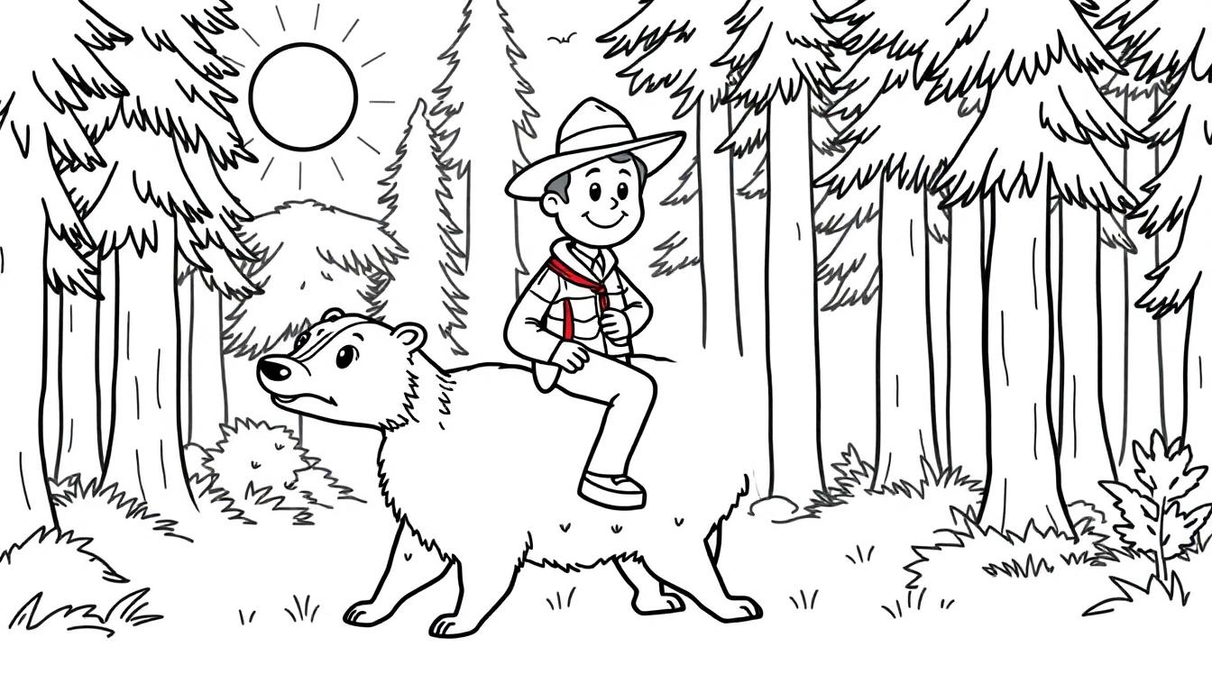 Kleurplaat van een boswachter op een das in het bos.