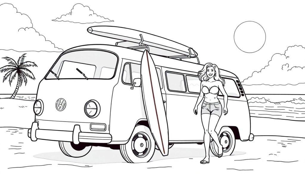 VW busje strand kleurplaat met vrolijke vrouw en supboard.
