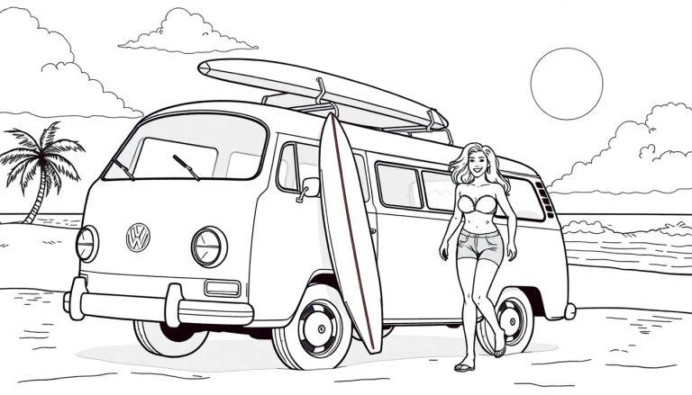 VW busje strand kleurplaat met vrolijke vrouw en supboard.