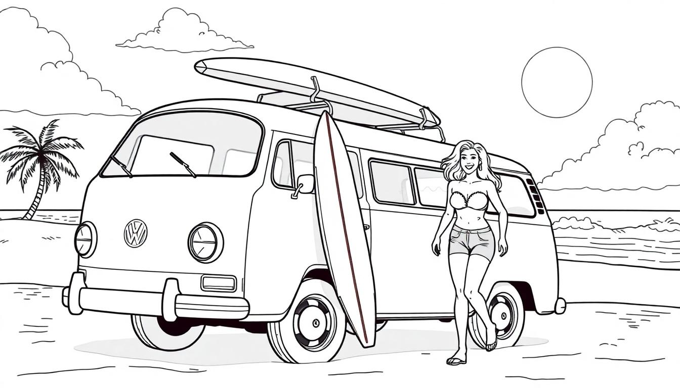 VW busje strand kleurplaat met vrolijke vrouw en supboard.