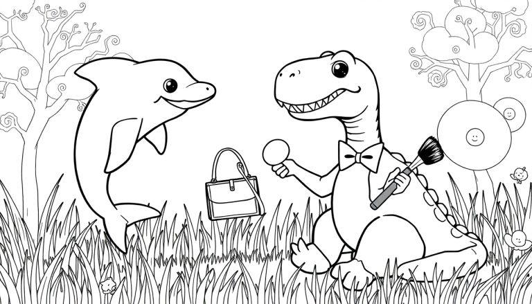 Kleurplaat van een dolfijn die een tas geeft aan een dino met make-up, omringd door bomen en gras.