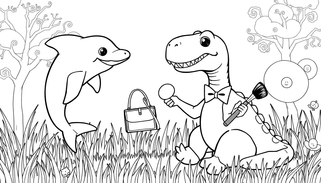 Kleurplaat van een dolfijn die een tas geeft aan een dino met make-up, omringd door bomen en gras.
