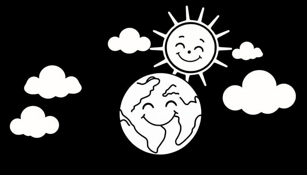 Kleurplaat van de zon en de aarde die lachen