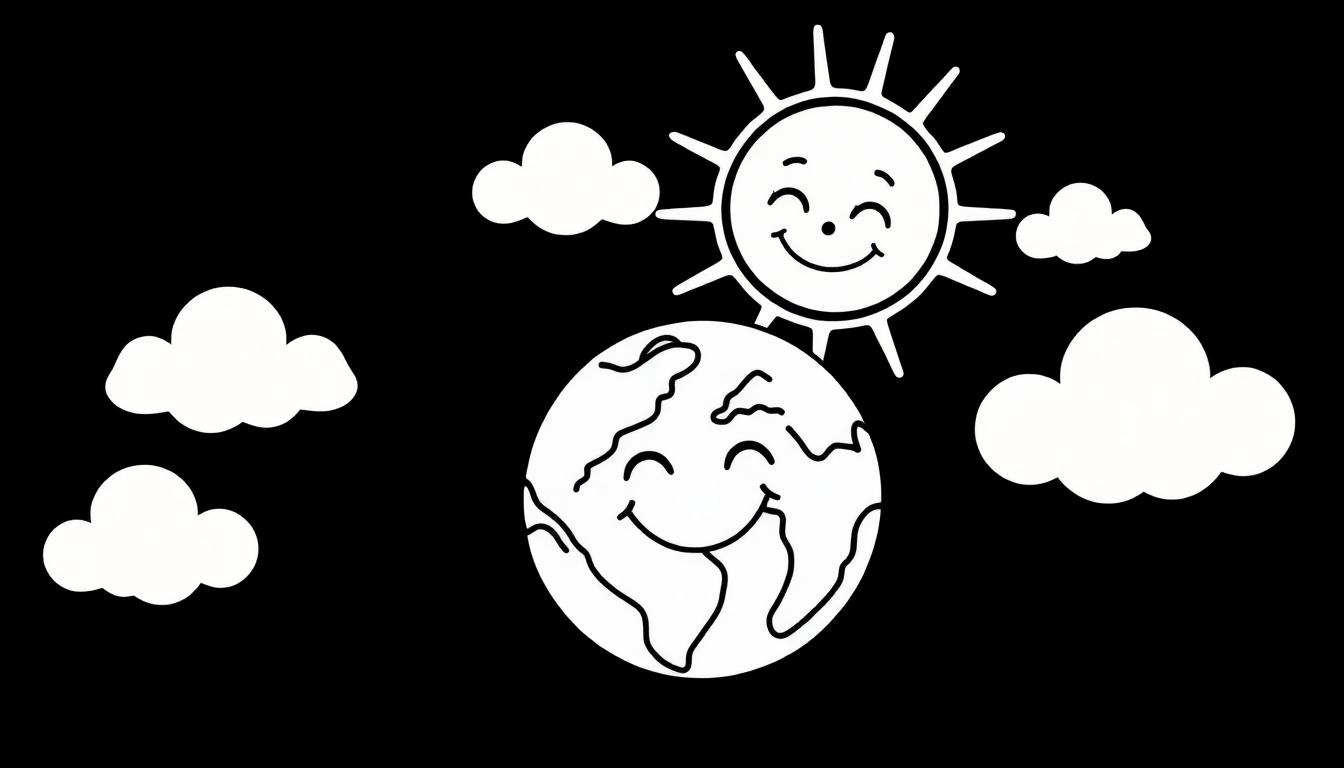 Kleurplaat van de zon en de aarde die lachen