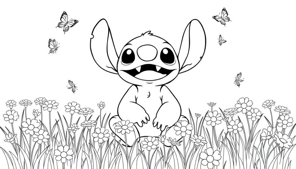 Stitch kleurplaat in een bloemenveld met vlinders