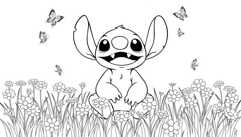 Stitch kleurplaat in een bloemenveld met vlinders