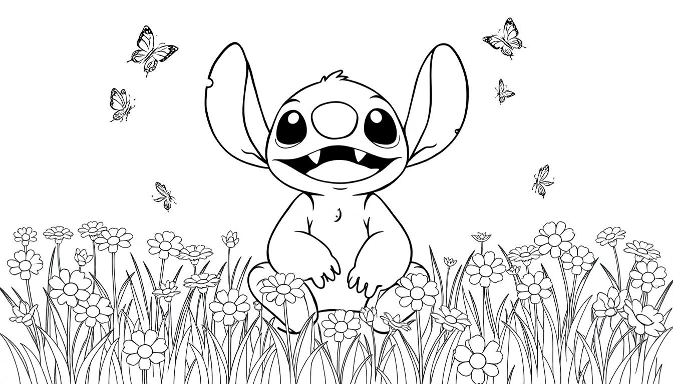 Stitch kleurplaat in een bloemenveld met vlinders