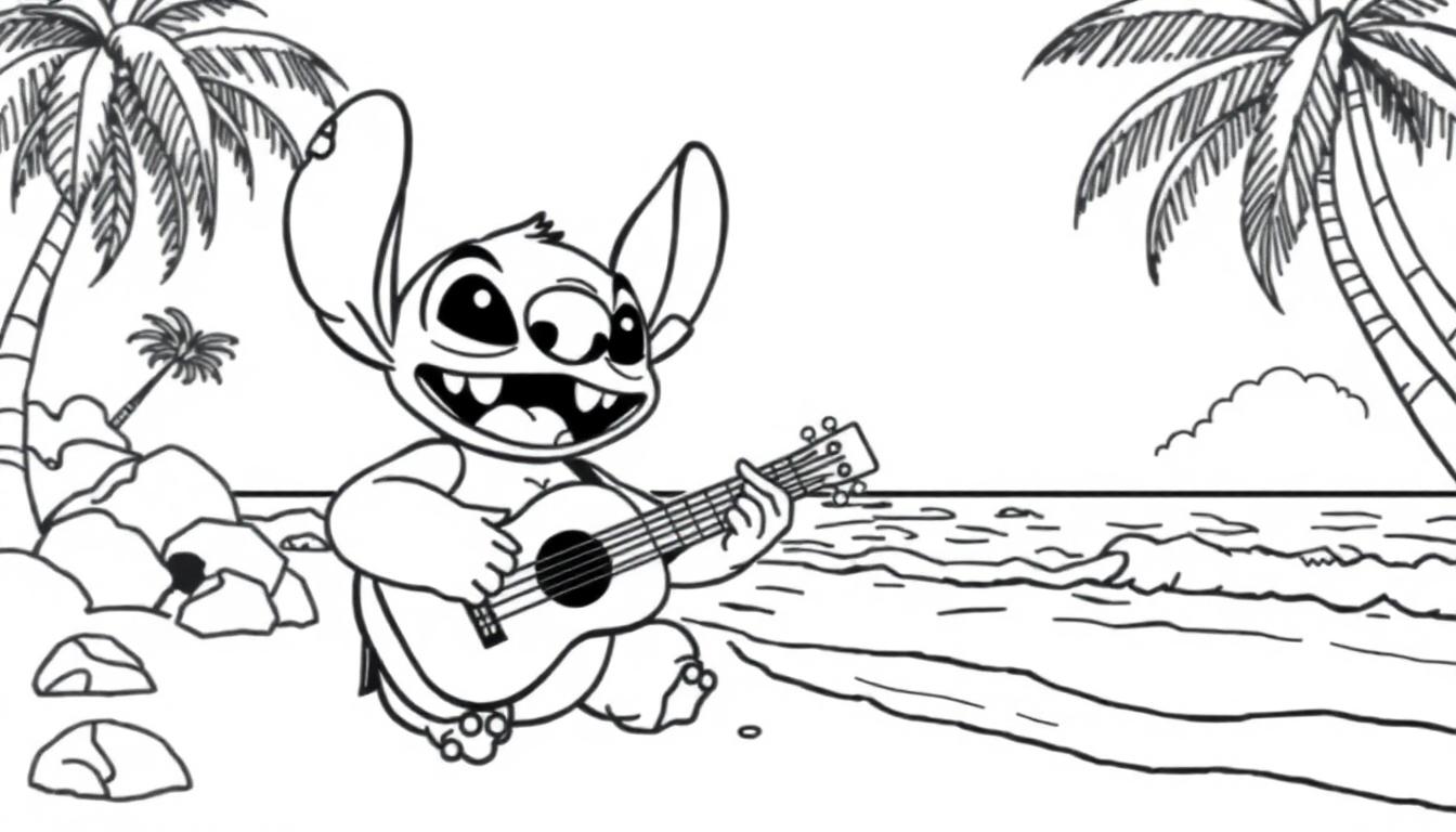 Stitch speelt ukulele kleurplaat