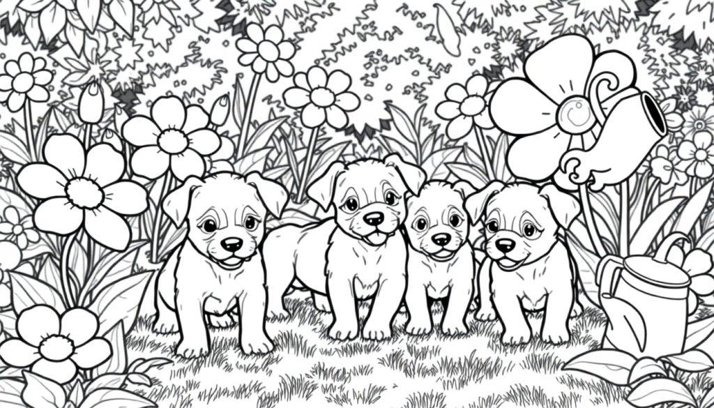 Kleurplaat van vier puppy's in een bloemenveld met een gieter.