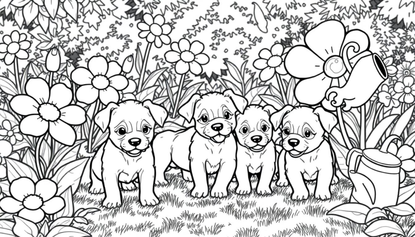 Kleurplaat van vier puppy's in een bloemenveld met een gieter.