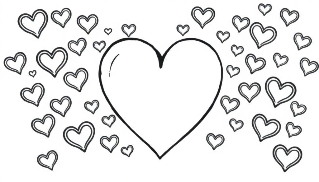 Hartjes kleurplaat met een groot hart en kleine hartjes eromheen.