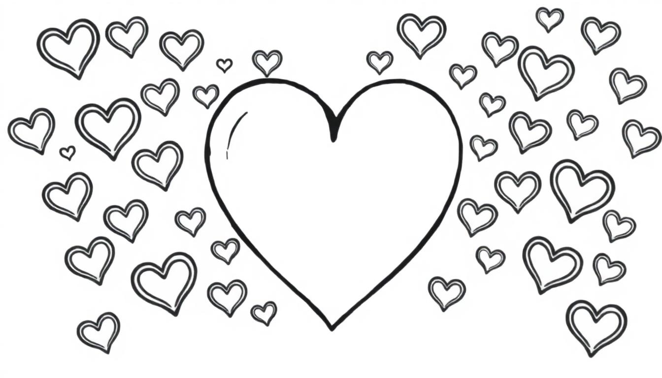 Hartjes kleurplaat met een groot hart en kleine hartjes eromheen.