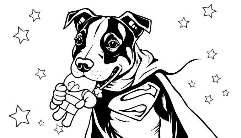 Kleurplaat van een superheldenhond met Superman cape en sterren op de achtergrond.