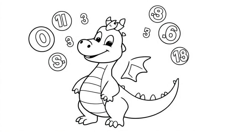 Kleurplaat van een vrolijke draak met cijfers.