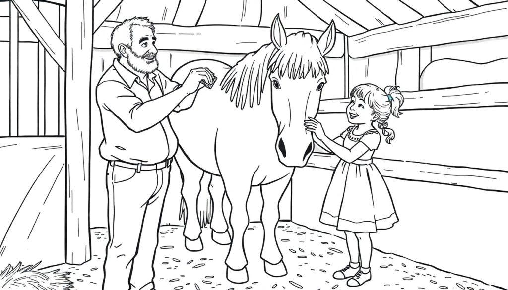 Kleurplaat van opa en kleindochter die een paard verzorgen