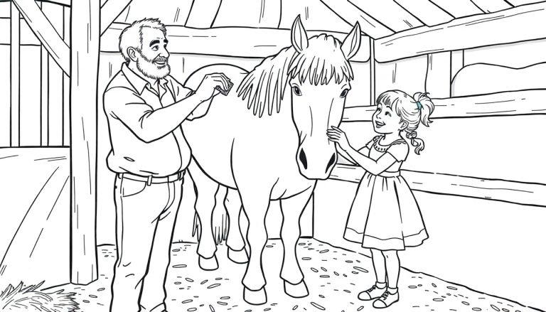Kleurplaat van opa en kleindochter die een paard verzorgen
