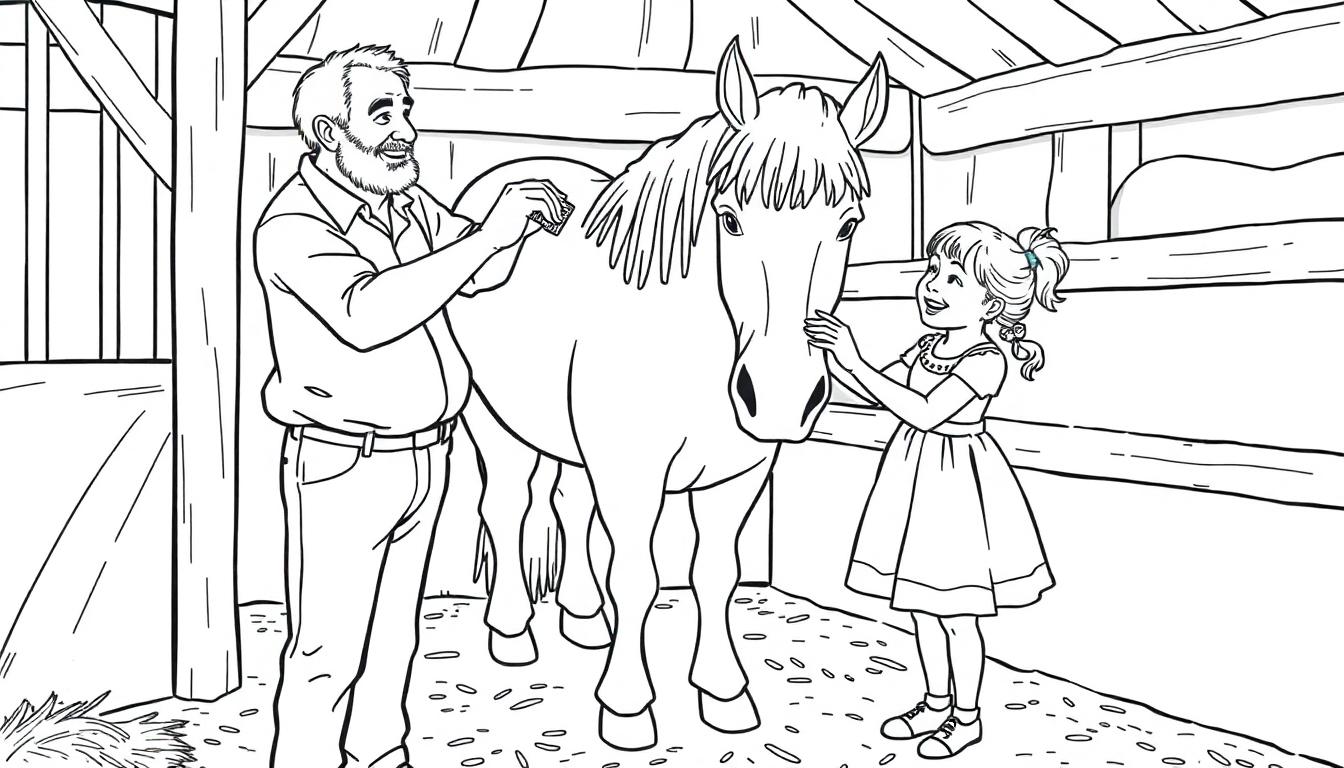 Kleurplaat van opa en kleindochter die een paard verzorgen
