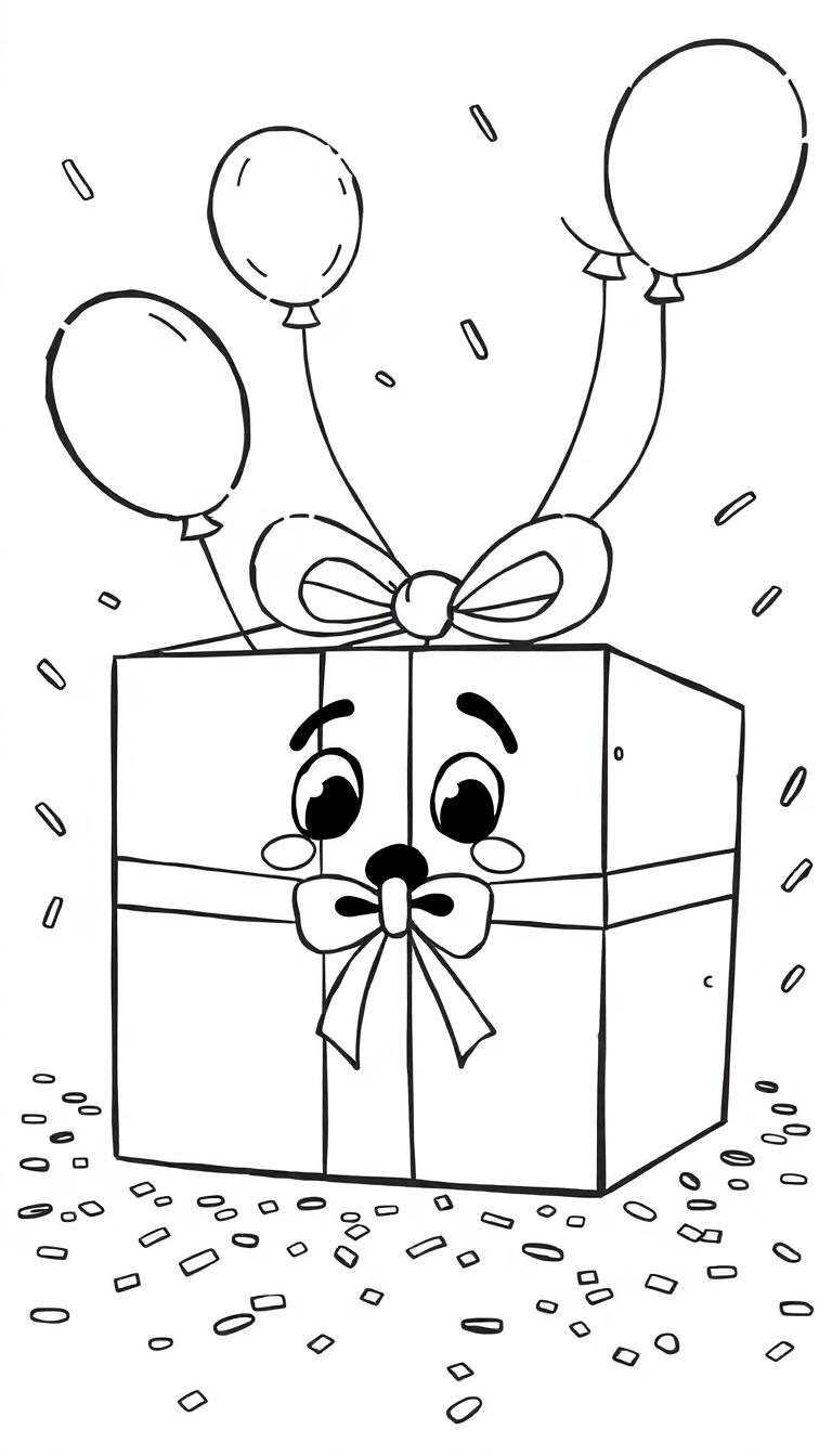 Verrassing kleurplaat met een cadeautje, ballonnen en confetti.